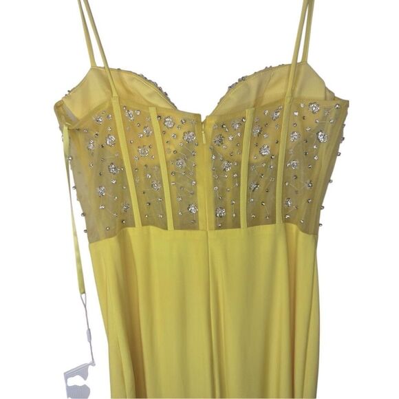 NWT MAC DUGGAL Yellow Spaghetti Strap Beaded Sheer Bodice Gown with Slit Size Sm - Picture 7 of 16